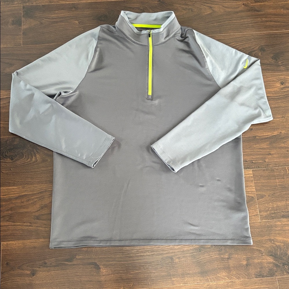 Nike Men's Gray Zip Pullover with Light Gray Sleeves and Neon Yellow Accents